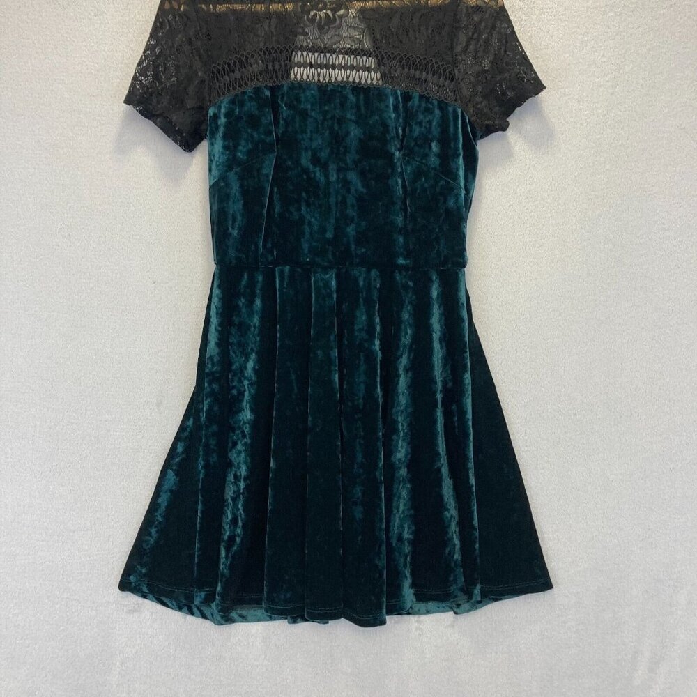 SANGRIA Green Velvet Mini Dress Women's Size 6 Lace Illusion Yoke Witchy - Picture 5 of 16